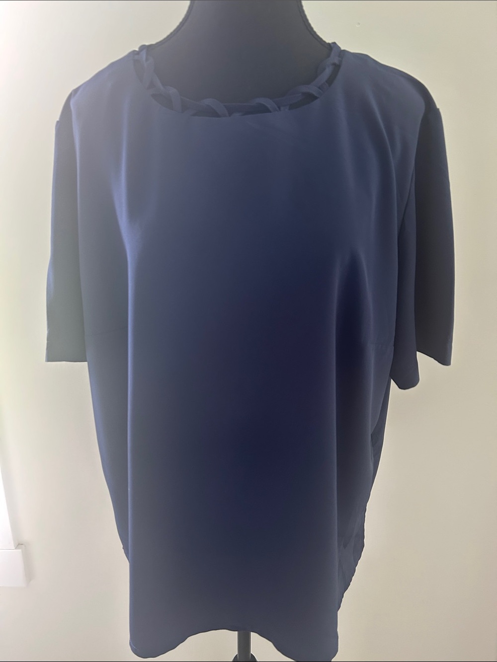 Women’s Navy Short-Sleeve Blouse with Braided Neckline